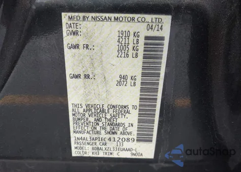 2014 Nissan Altima 2.5 Sl from USA, damaged, VIN 1N4AL3AP1EC412089
